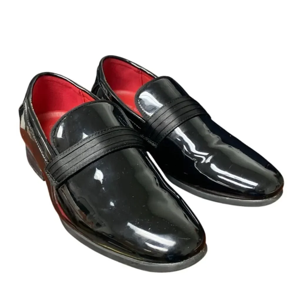 Bruno Marc Boys Size 5 Black Faux Leather Slide On Loafer Dress Tuxedo Shoes